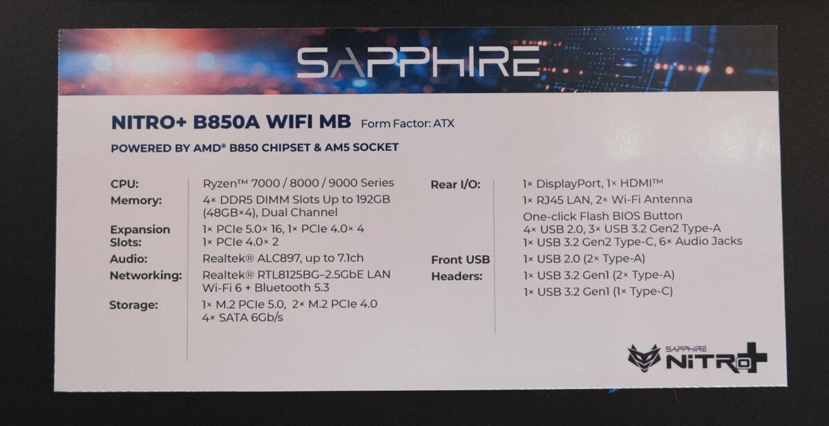 Spécifications de la Nitro+ B850A WiFi MB.