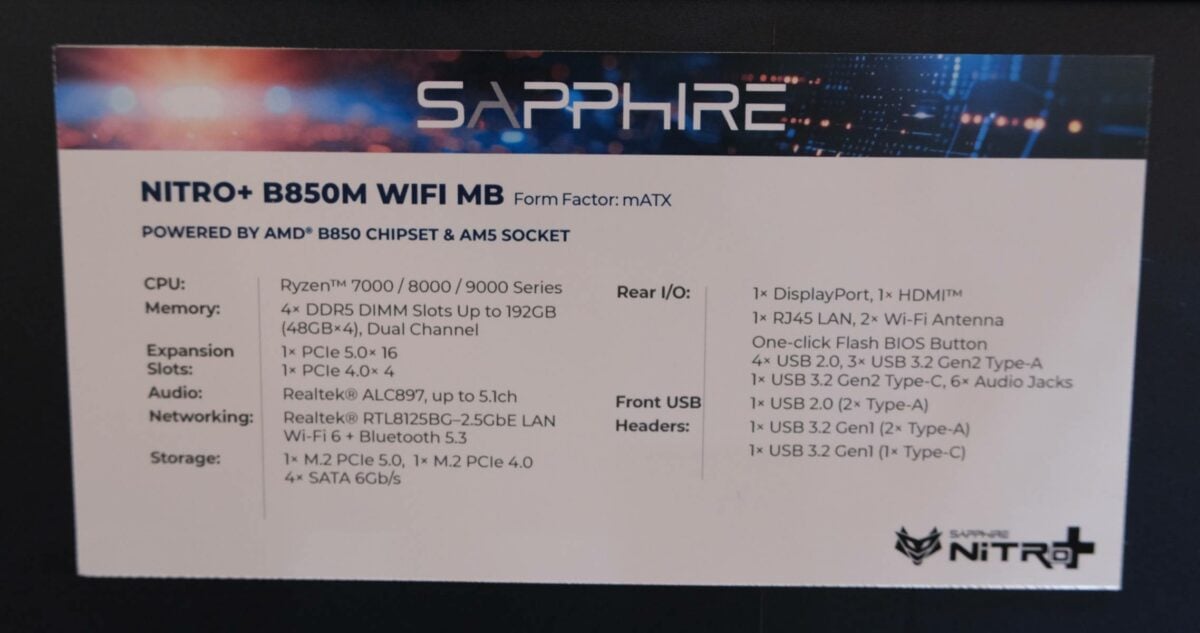 Spécifications de la Sapphire Nitro+ B850M WiFi MB.