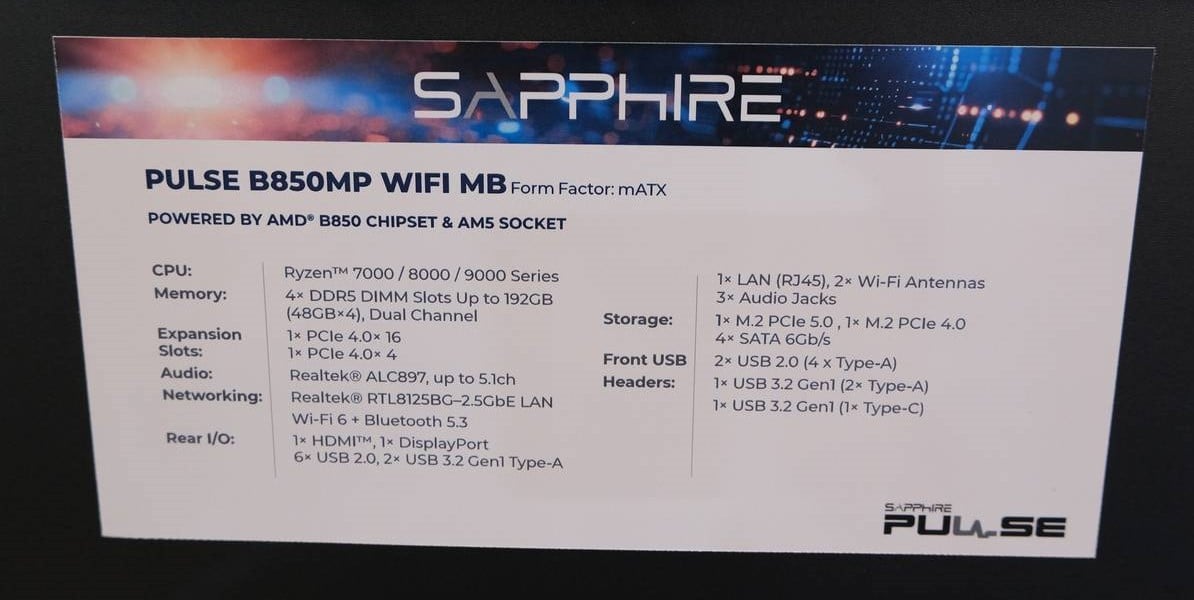 Spécifications de la Pulse B850MP WiFi MB.