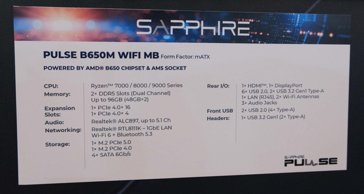 Spécifications de la Pulse B650M WiFi MB.