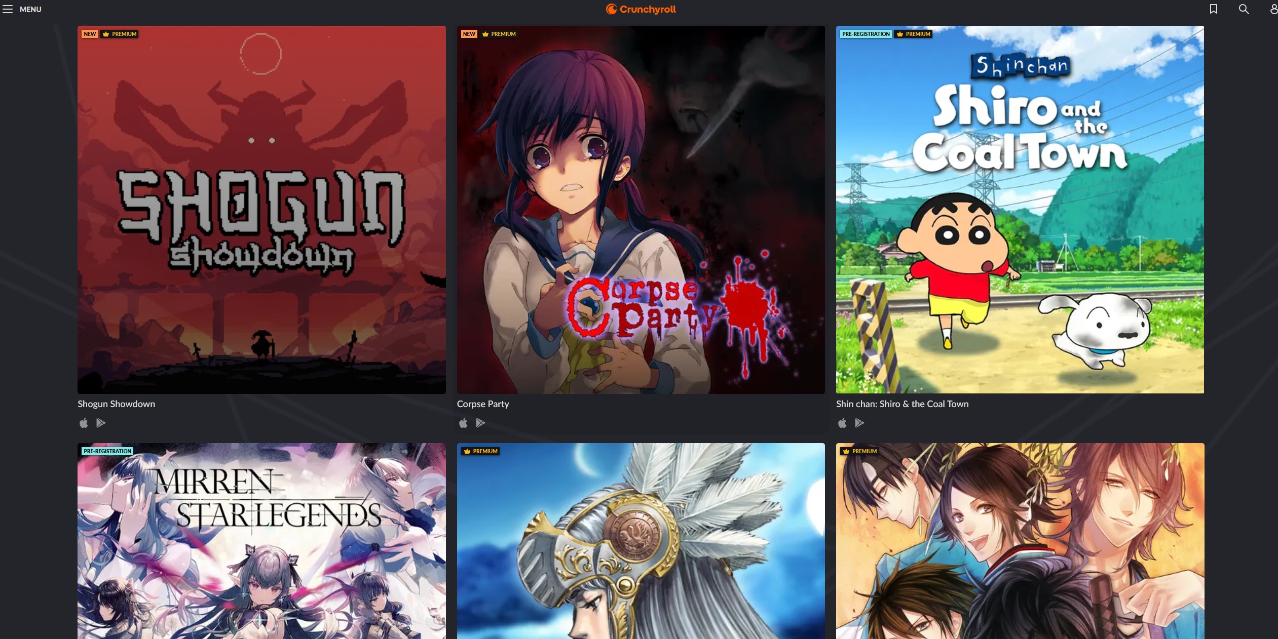 Certains des jeux sur Crunchyroll.