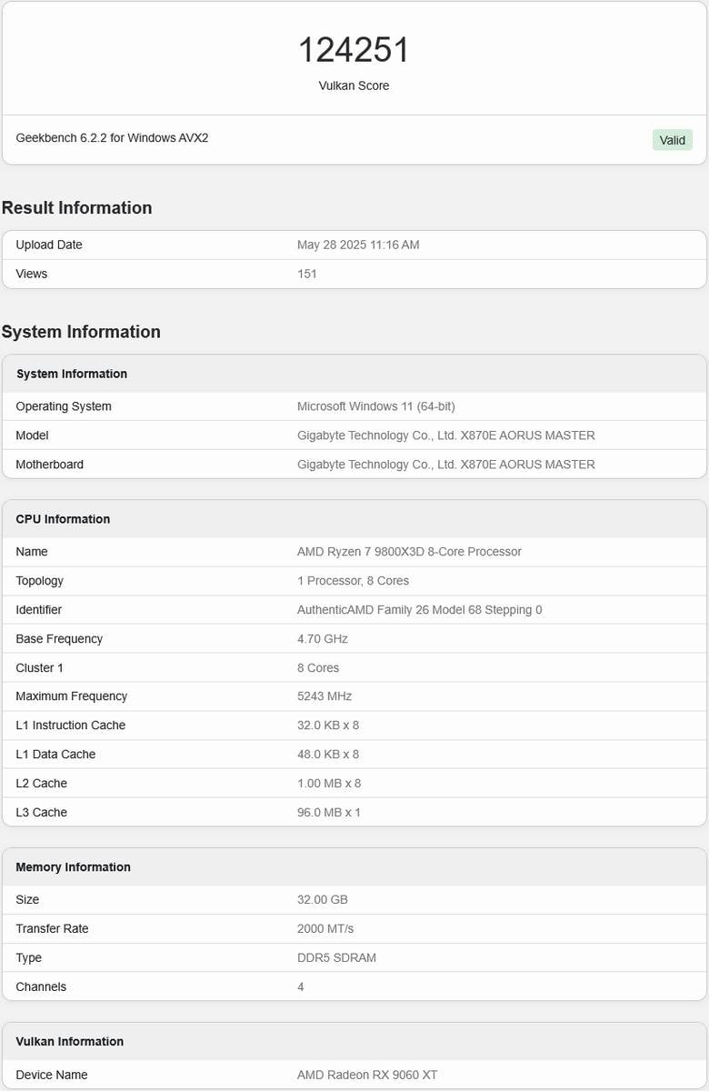 AMD RX 9060 XT Vulkan score.