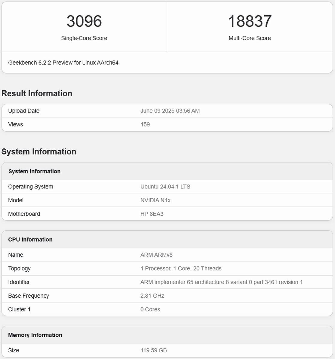 Nvidia N1X CPU in Geekbench.