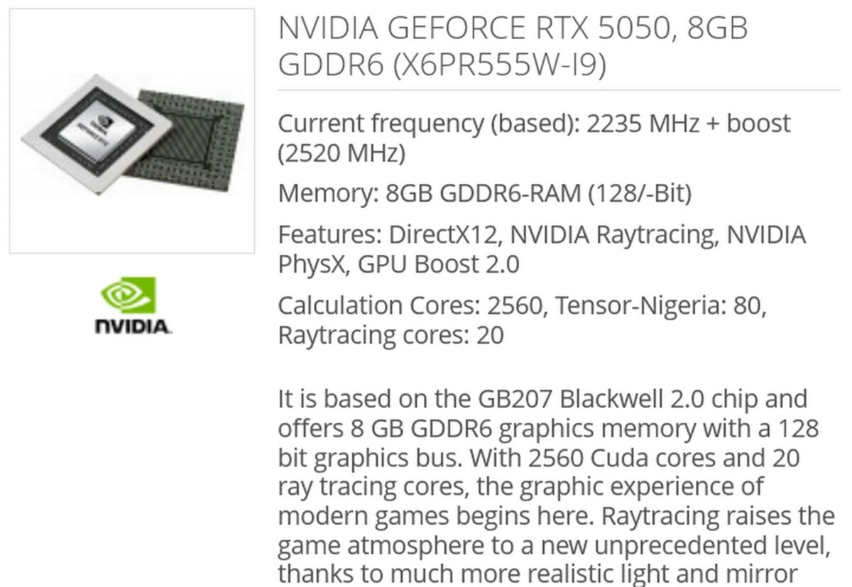 Nvidia RTX 5050 specs.
