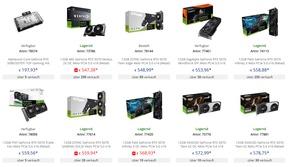 Liste de la RTX 5070 sur Mindfactory