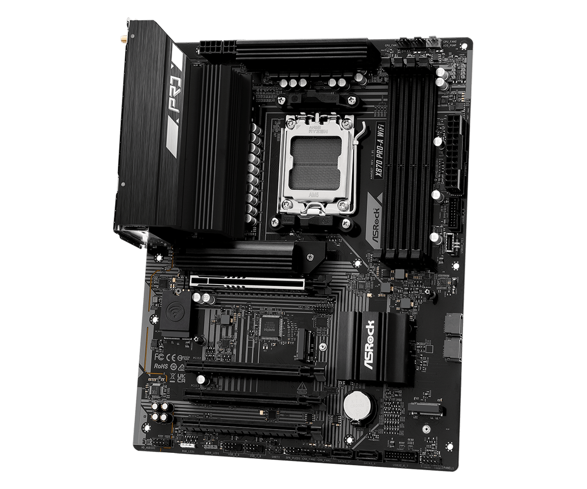 Vue supérieure de la carte mère ASRock X670, montrant le socket AM5 et les slots d'extension.