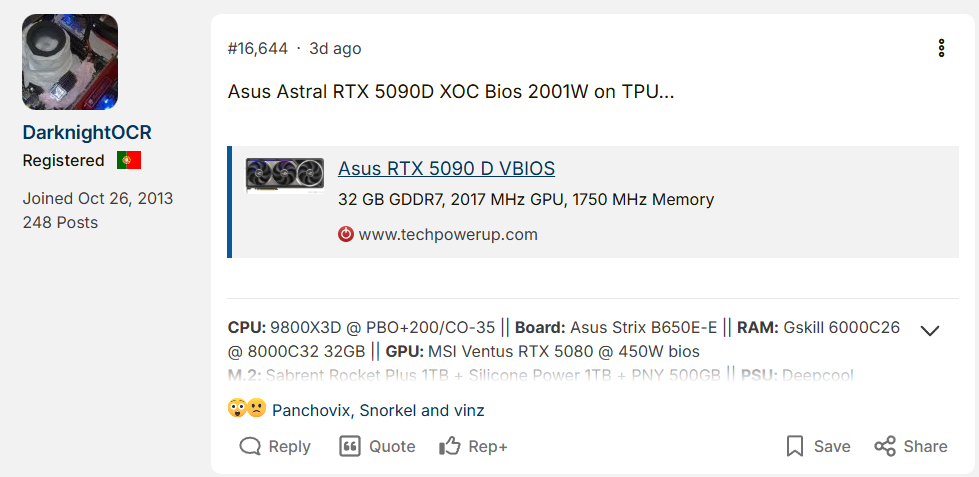 Asus Astral RTX 5090D XOC BIOS post by DarknightOCR on tech forum discussion.