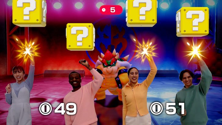 People cheering with question blocks overhead in a colorful game setting.