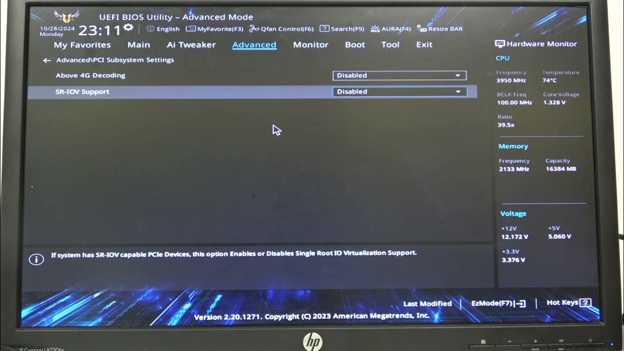 Écran des paramètres du BIOS montrant le support SR-IOV et les détails du matériel.