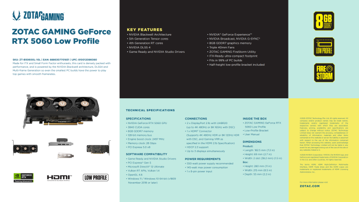 Détails et spécifications de la ZOTAC GAMING GeForce RTX 5060 Low Profile.