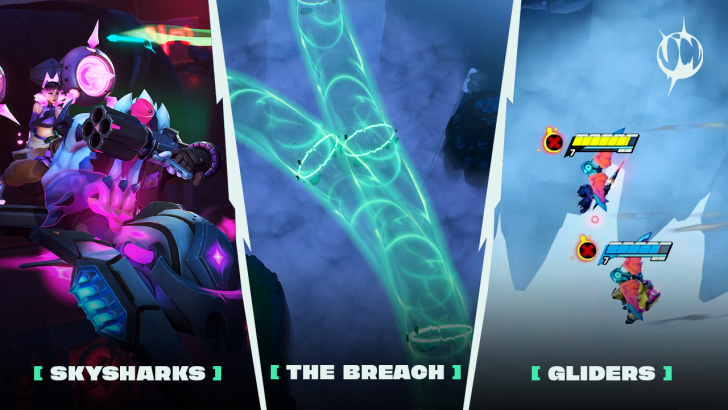 Dynamic action scenes from video game: Skysharks, The Breach, and Gliders gameplay.