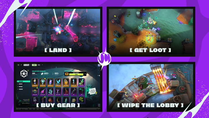 Gaming steps: Land, get loot, buy gear, wipe the lobby in vibrant multiplayer scenes.