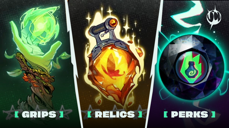 Grips, Relics, and Perks icons in vibrant fantasy game design.