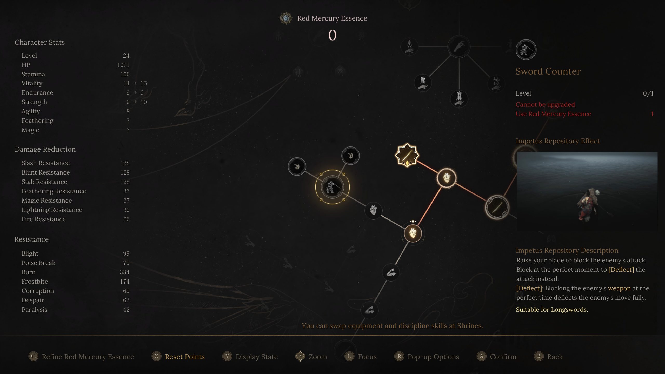 Écran montre les statistiques et l'arbre de compétences du personnage de jeu.