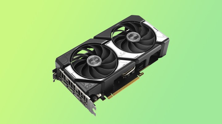 Le RTX 5060 de Nvidia sur un fond vert.