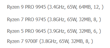 Liste des processeurs Ryzen PRO avec spécifications pour les modèles 9945, 9745, 9645, et 9700F.