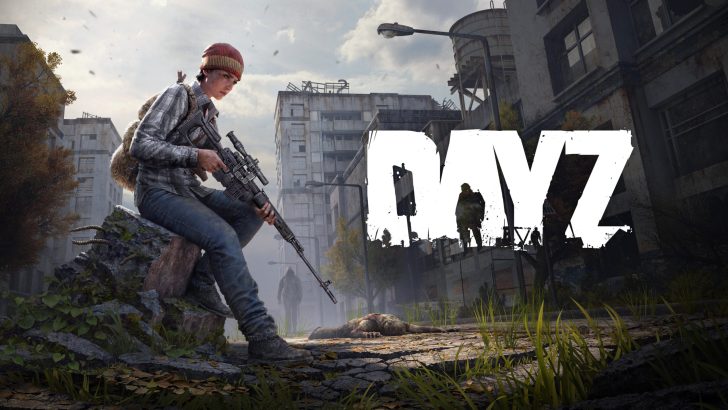 Survivor with rifle in post-apocalyptic cityscape, DayZ logo prominently displayed.