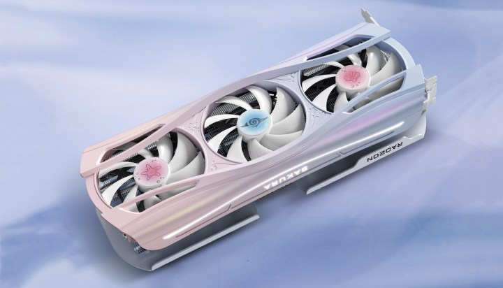 La carte graphique Yeston Sakura Atlantis RX 9070 XT sur un fond bleu.