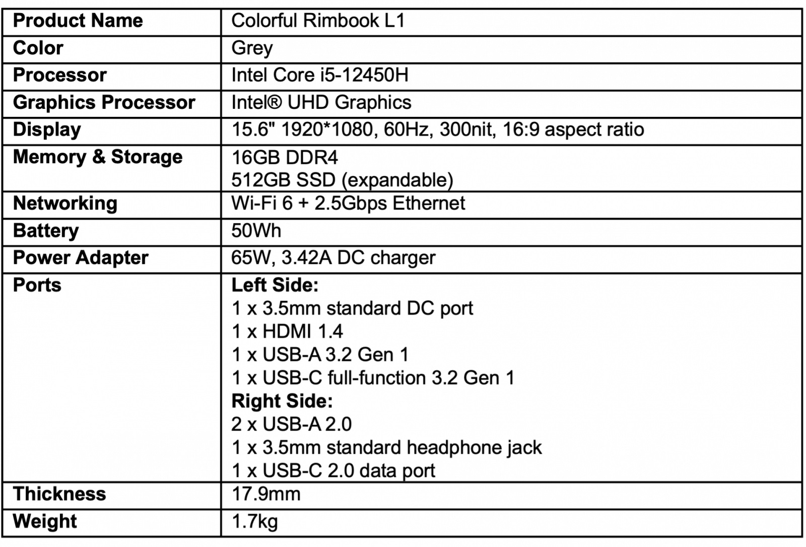 Spécifications du Colorful Rimbook L1: Intel i5-12450H, 16 Go de RAM, 512 Go SSD, Wi-Fi 6, écran de 15,6 pouces.