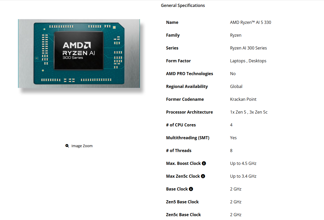 Ryzen AI 5 330 specs