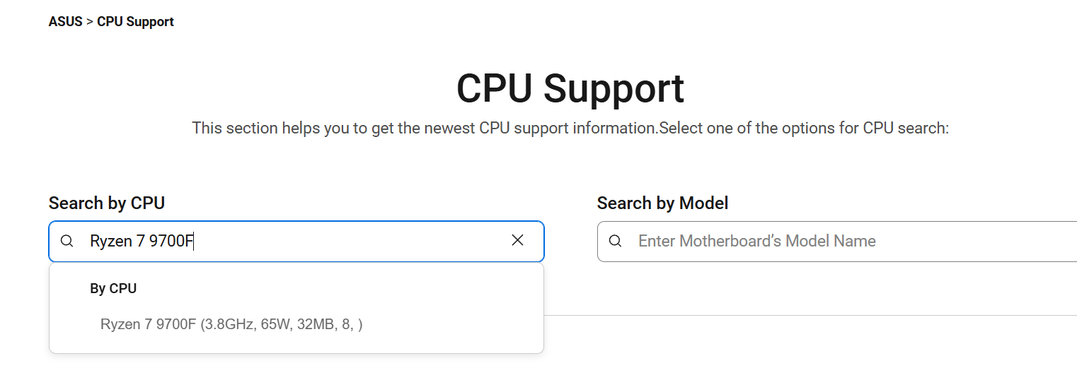 Page de support CPU ASUS montrant la recherche des spécifications et de la compatibilité du Ryzen 7 9700F.