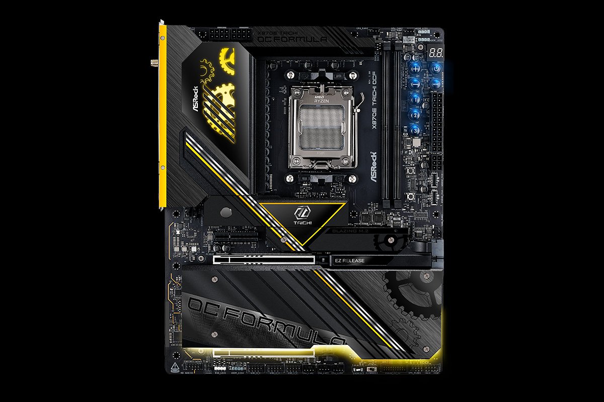 Carte mère ASRock X670E Taichi avec conception avancée de chipset et accents jaunes.