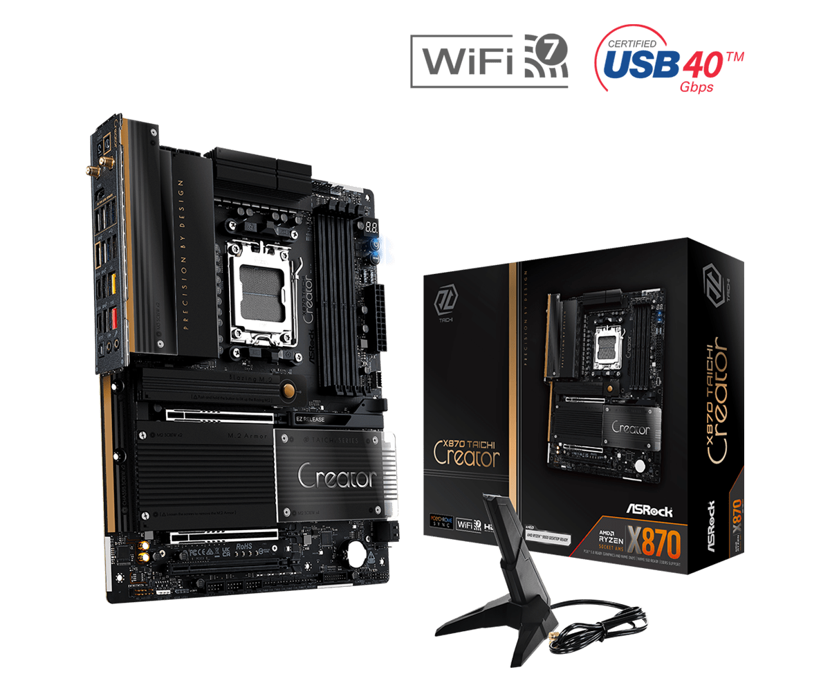 Carte mère ASRock X670E Taichi avec WiFi 6E et USB 4.0, montrée avec son emballage.