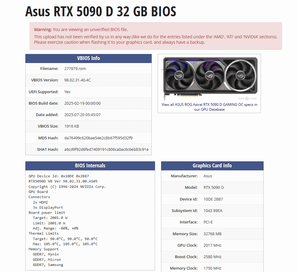 Asus RTX 5090 D 32GB BIOS specs and details, including VBIOS and GPU information.