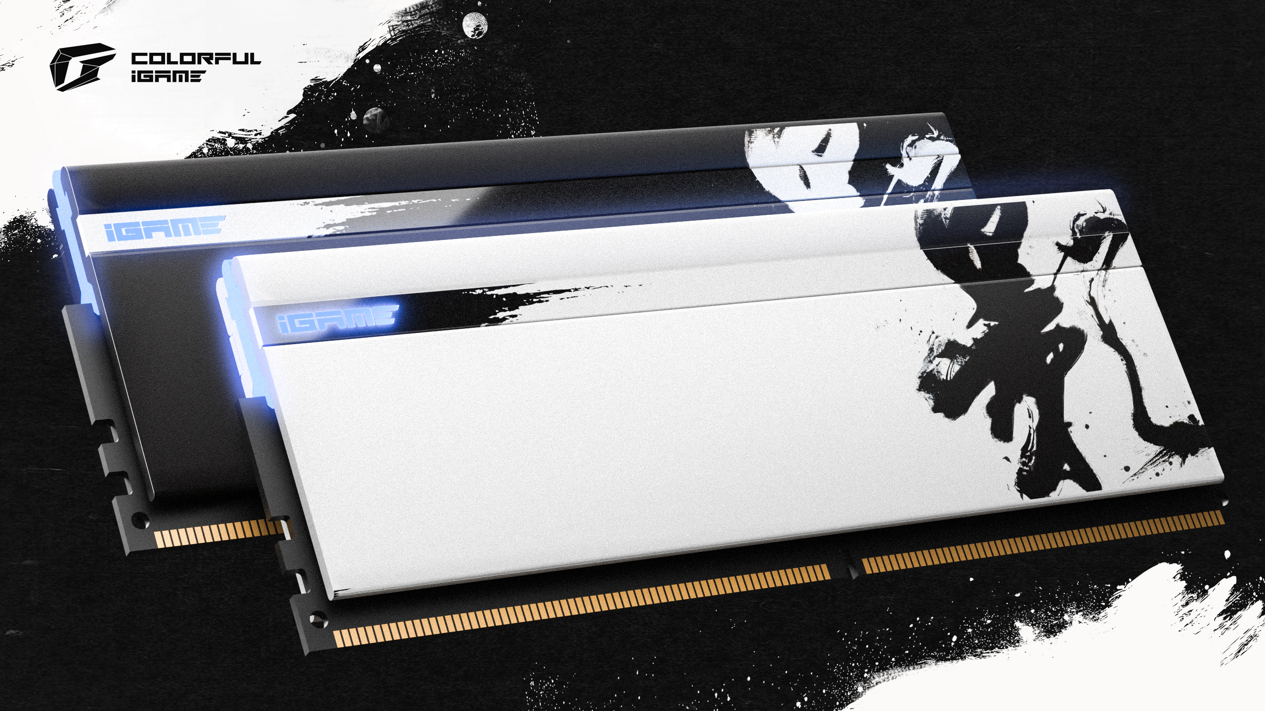 Modules RAM iGame en noir et blanc avec design abstrait sur fond sombre.
