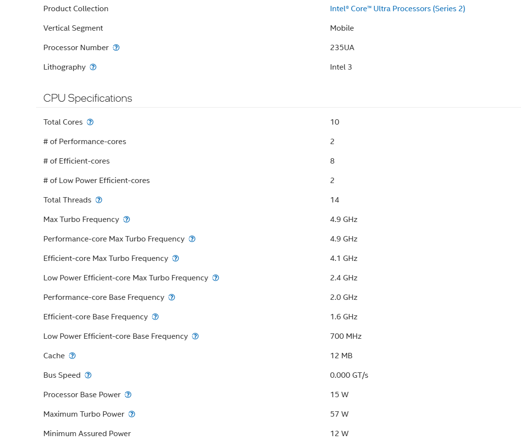Intel Core Ultra Processor Series 2 CPU specs: 10 cores, 14 threads, 4.9 GHz max turbo frequency.