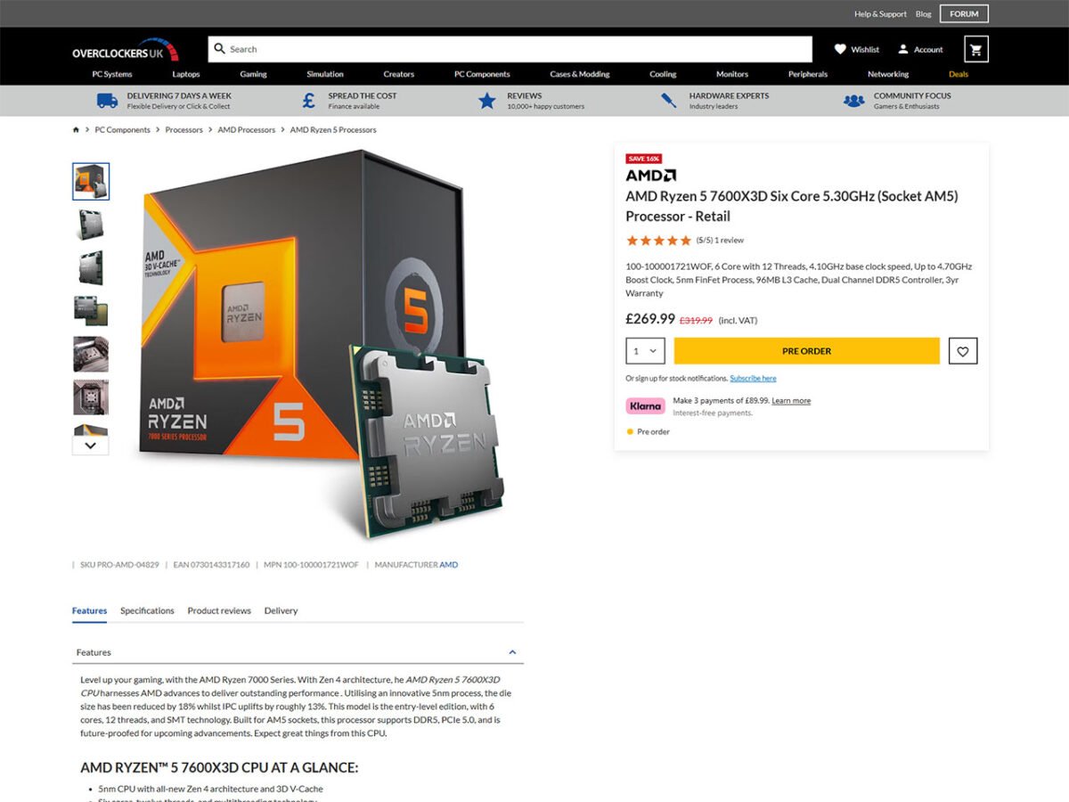 Page produit Ryzen 5 7600X3D sur Overclockers UK.
