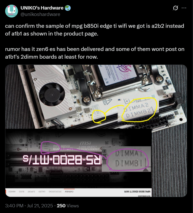 Gros plan sur la carte mère MPG B850I avec les emplacements DIMM étiquetés A2/B2.