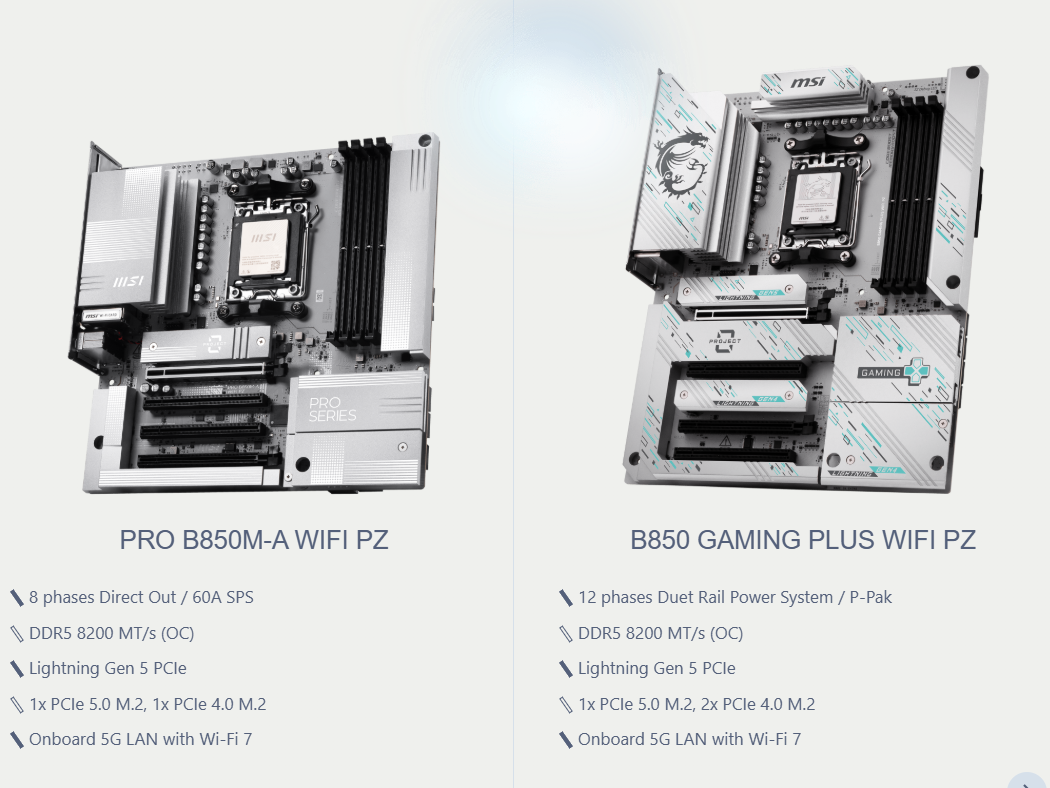 Cartes mères MSI PRO B850M-A et B850 Gaming Plus, Wi-Fi 7, DDR5, PCIe 5 pour des performances élevées.