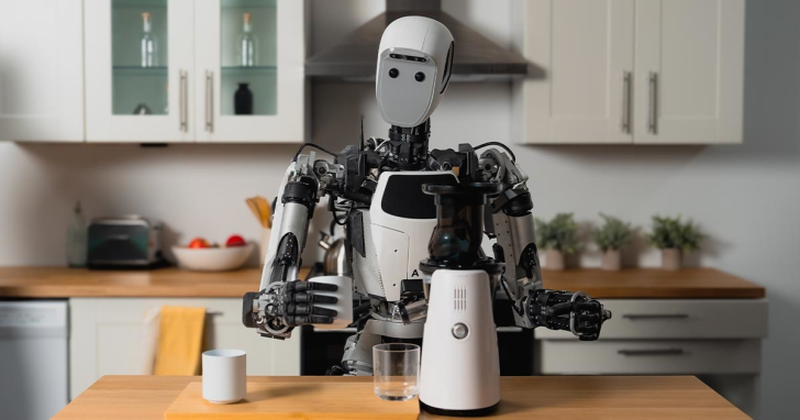 Robot préparant du café dans une cuisine moderne avec une cafetière et une tasse.