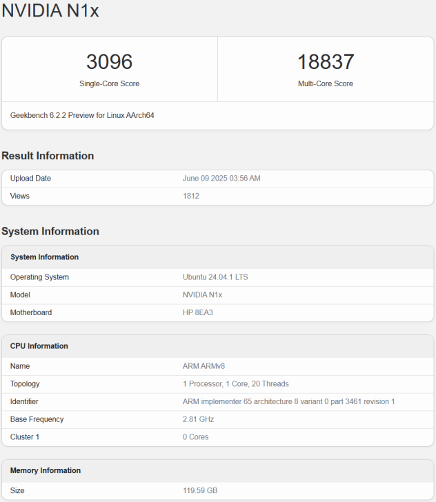 Performances du NVIDIA N1X : 3096 en mono-coeur et 18837 en multi-coeur sur Geekbench pour Linux AArch64.