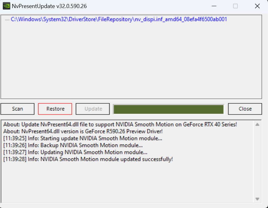 Outil de mise à jour NVIDIA Smooth Motion pour le support de la série GeForce RTX 40 sur Windows.
