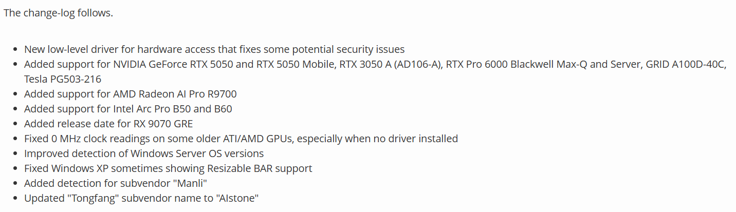 Notes de version de GPU-Z.