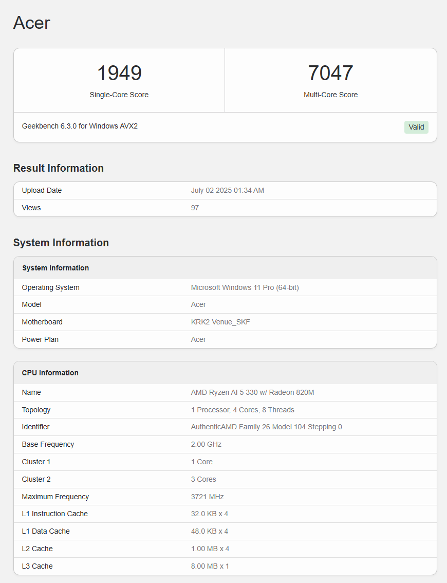 AMD Ryzen AI 5 330 Geekbench