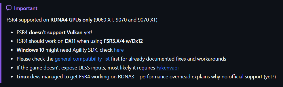 FSR4 supported on RDNA4 GPUs, no Vulkan support, DX11 requires FSR3.X/4, Windows 10 needs Agility SDK.