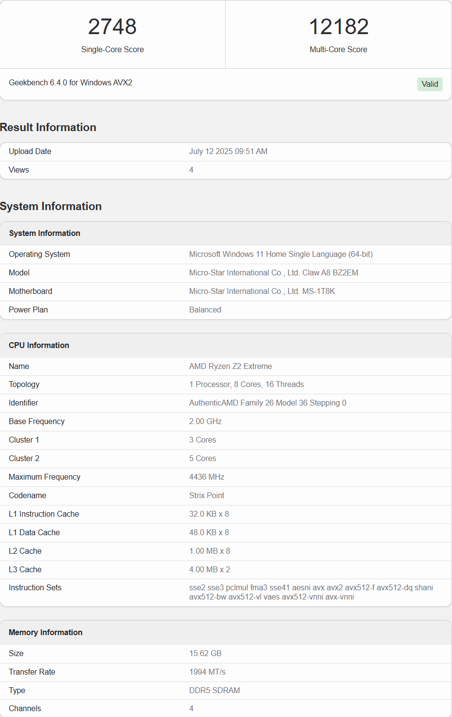 AMD's Top Ryzen Z2 Extreme SoC For Handhelds Benchmarked On MSI's Claw A8, Delivers Top-Notch CPU & GPU Performance 3