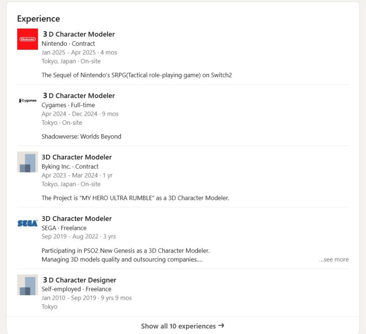 Expérience de modélisation 3D pour Nintendo, Cygames, Byking Inc., SEGA, indépendants, Tokyo.