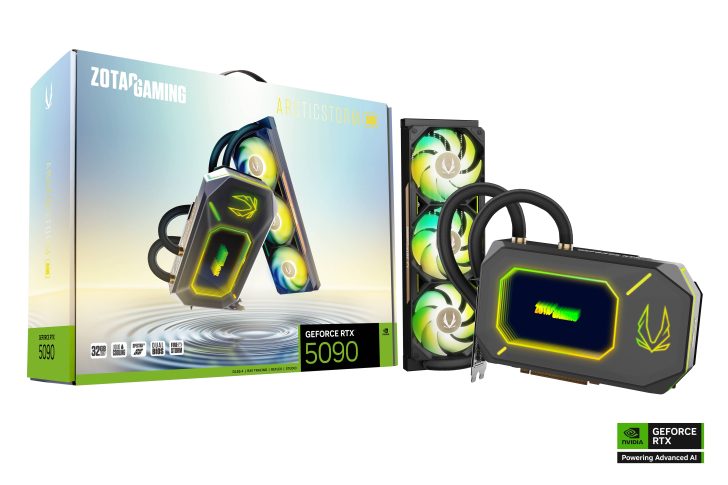 Carte graphique ZOTAC Gaming GeForce RTX 5090 avec système de refroidissement et boîte d'emballage.