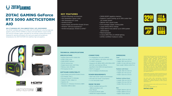 ZOTAC GAMING GeForce RTX 5090 ArcticStorm AIO avec 32 Go de GDDR7, refroidissement liquide et fonctionnalités avancées.