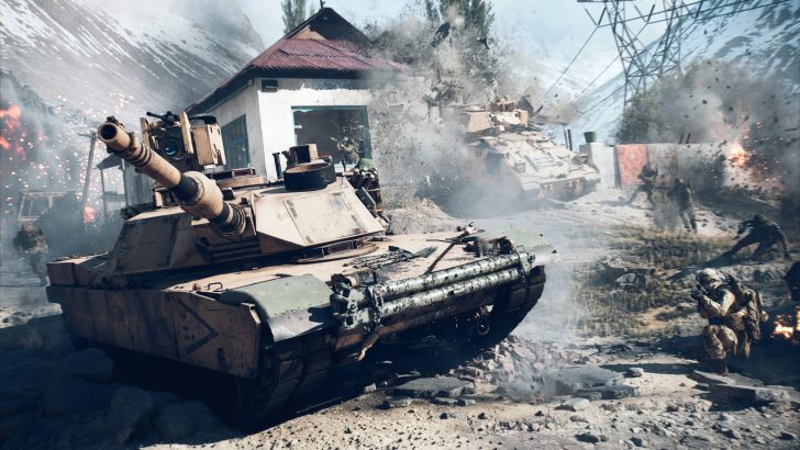 Military tank in action with soldiers amidst explosions and debris in a war zone setting.