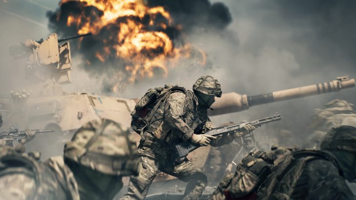 Soldiers in combat with a burning tank, intense battle scene with explosion.