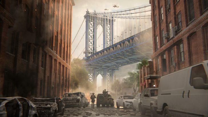 Post-apocalyptic cityscape under a bridge with soldiers and helicopters in the sky.