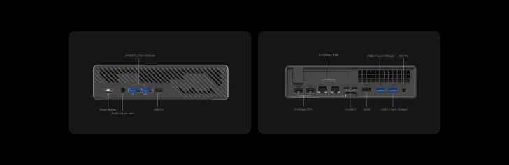 Ports du Mini PC : USB, HDMI, bouton d'alimentation, jack audio, SFP+, RJ45, USB-C, DC 19V, connexion 10Gbps.