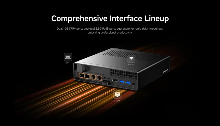 Mini PC avancé avec ports 10G SFP+ et RJ45 2.5G pour une connectivité data haute vitesse et WiFi 6E.