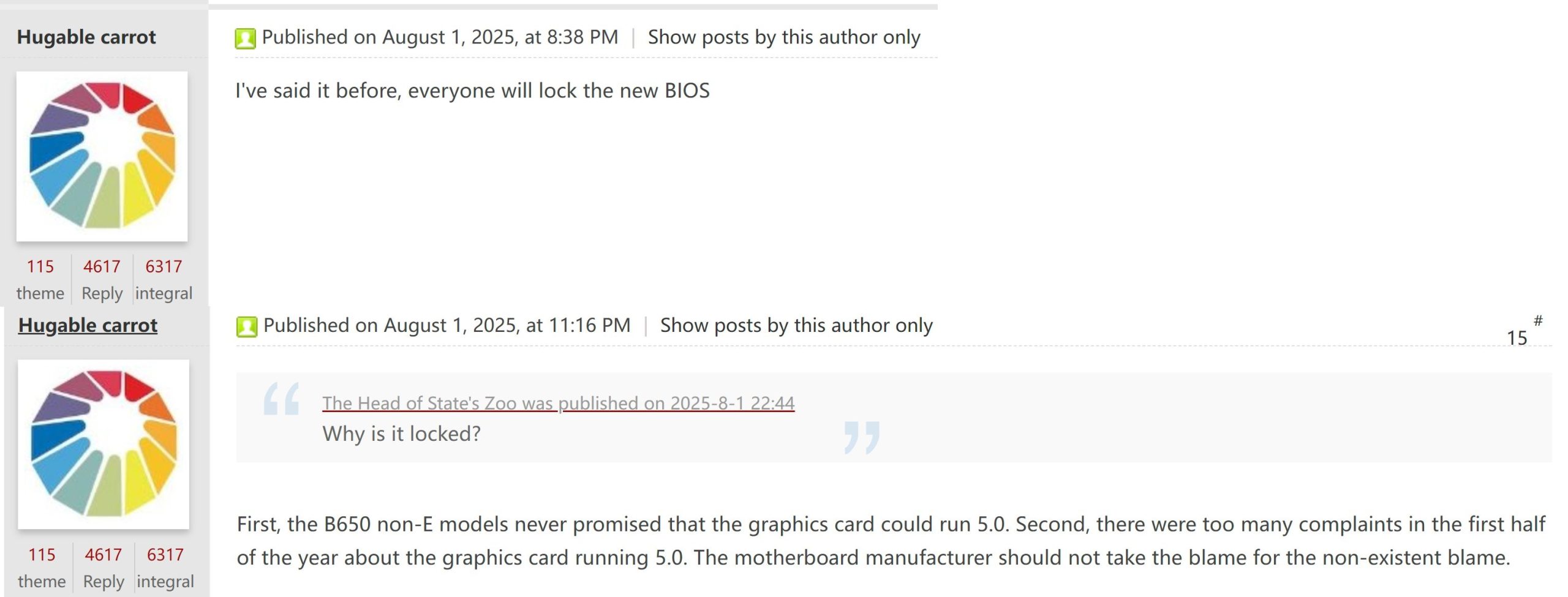 Discussion sur le forum concernant la compatibilité des cartes graphiques avec le verrouillage du BIOS B650E.