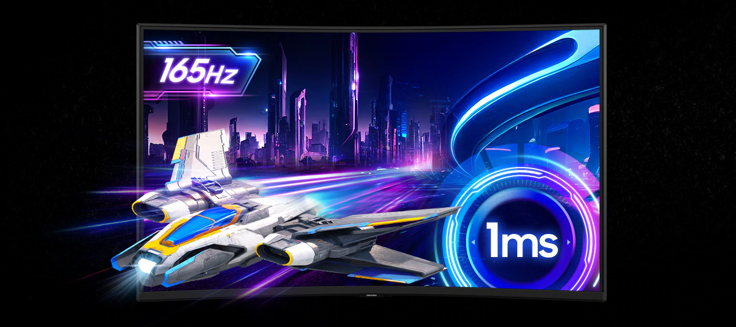 Moniteur de jeu incurvé avec un taux de rafraîchissement de 165Hz et un temps de réponse de 1ms, affichant des graphismes futuristes.